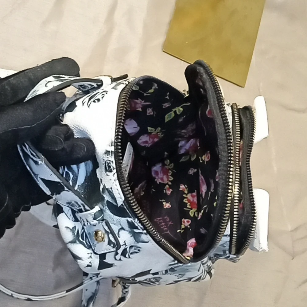 Betsey Johnson Floral Black and White Puppy Shaped Backpack EUC